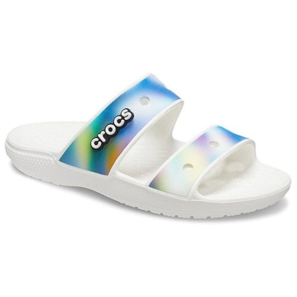 CROCS White Slide Sandals with Rainbow Gradient Straps